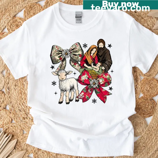 Retro t-shirt featuring Jesus with flowers and a bow for Christmas