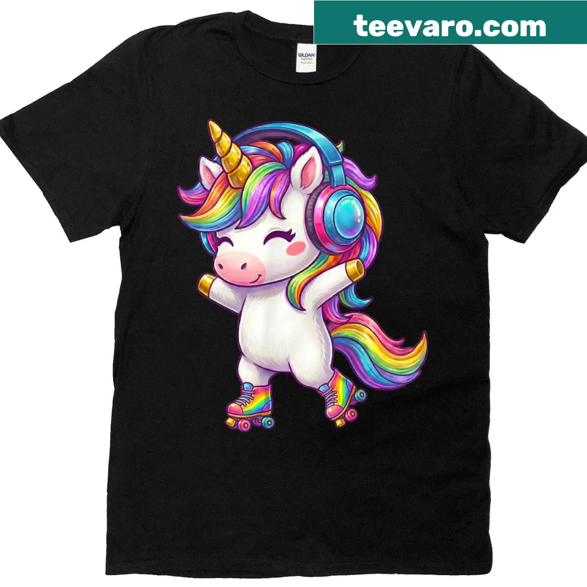 Graphic t-shirt featuring a unicorn skating with headphones and rainbows — on a men's t-shirt
