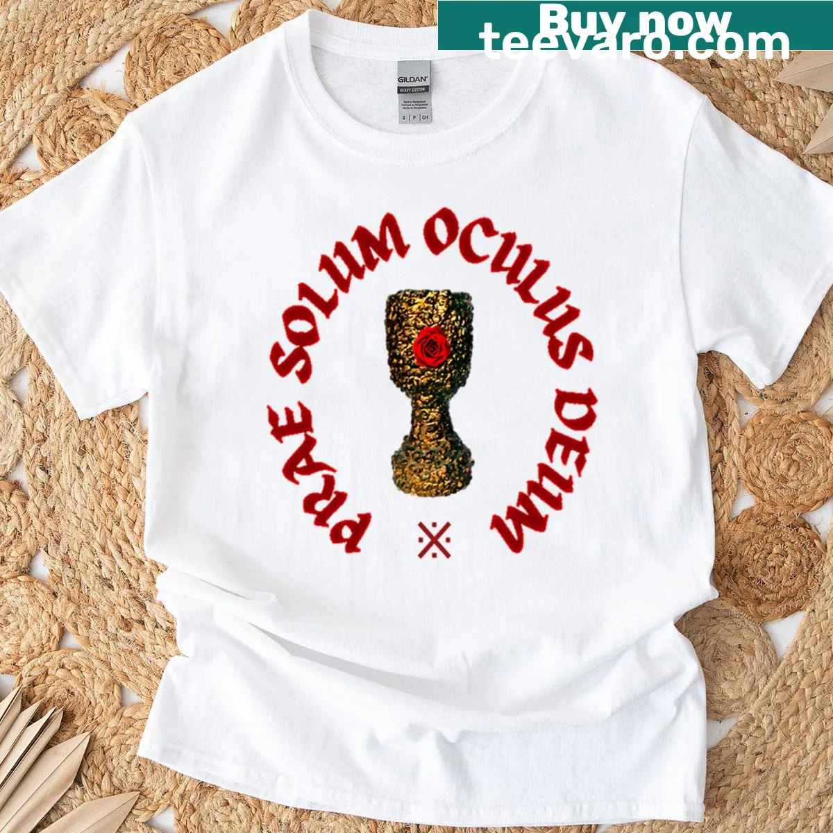Text-based design with 'Prae Solum Oculus Deum' in stylized font — on a men's t-shirt