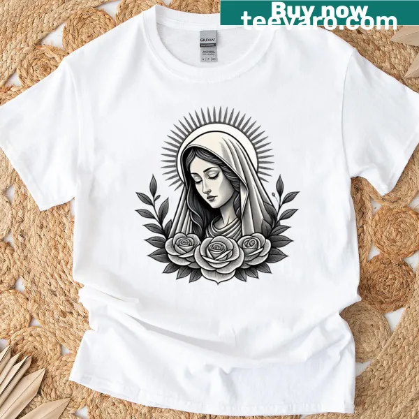 Black and white tattoo art t-shirt with sacred woman design
