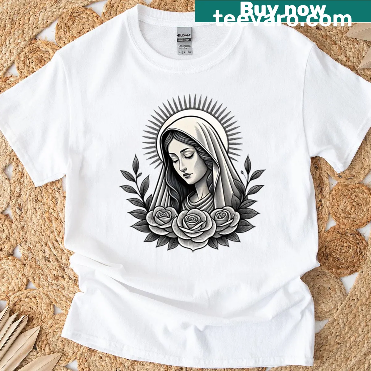 Black and white tattoo art t-shirt with sacred woman design — on a men's t-shirt