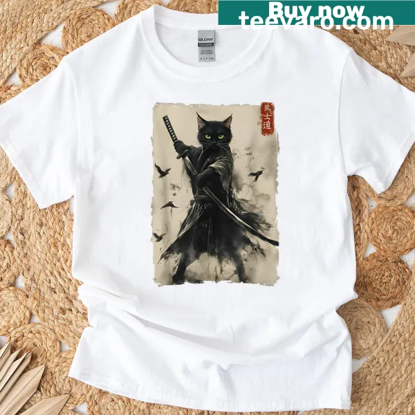 Funny graphic T-shirt featuring a cartoon samurai cat in armor