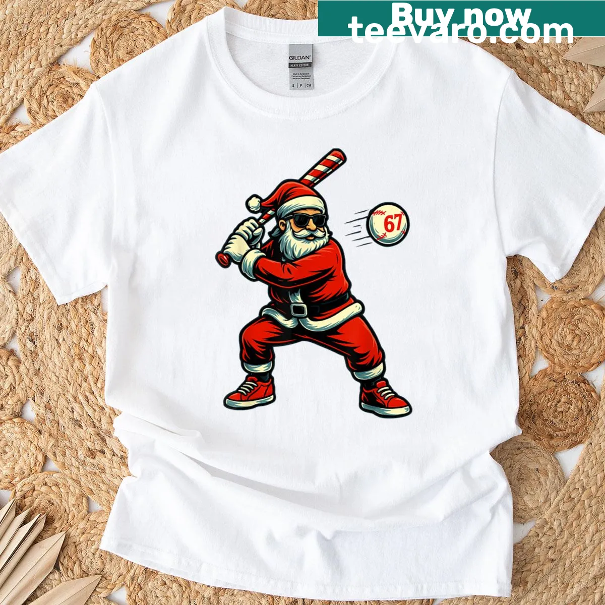 Funny Santa baseball-themed graphic t-shirt — on a men's t-shirt