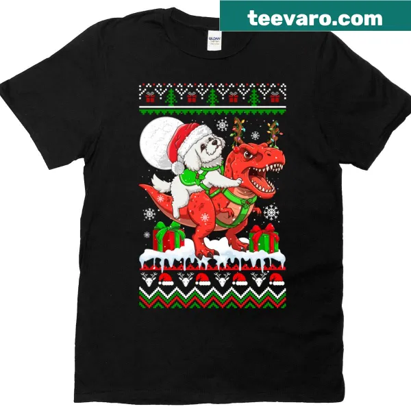 Whimsical graphic of a Santa Bichon Frise riding a T-rex on a Christmas t-shirt