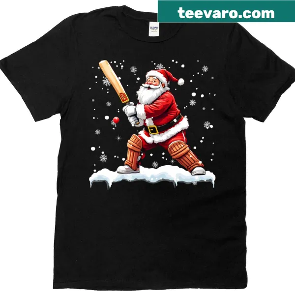 Santa playing cricket in a humorous design on a Christmas t-shirt