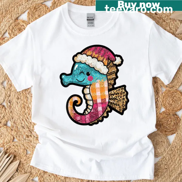 Cute t-shirt featuring a Santa seahorse illustration for Christmas