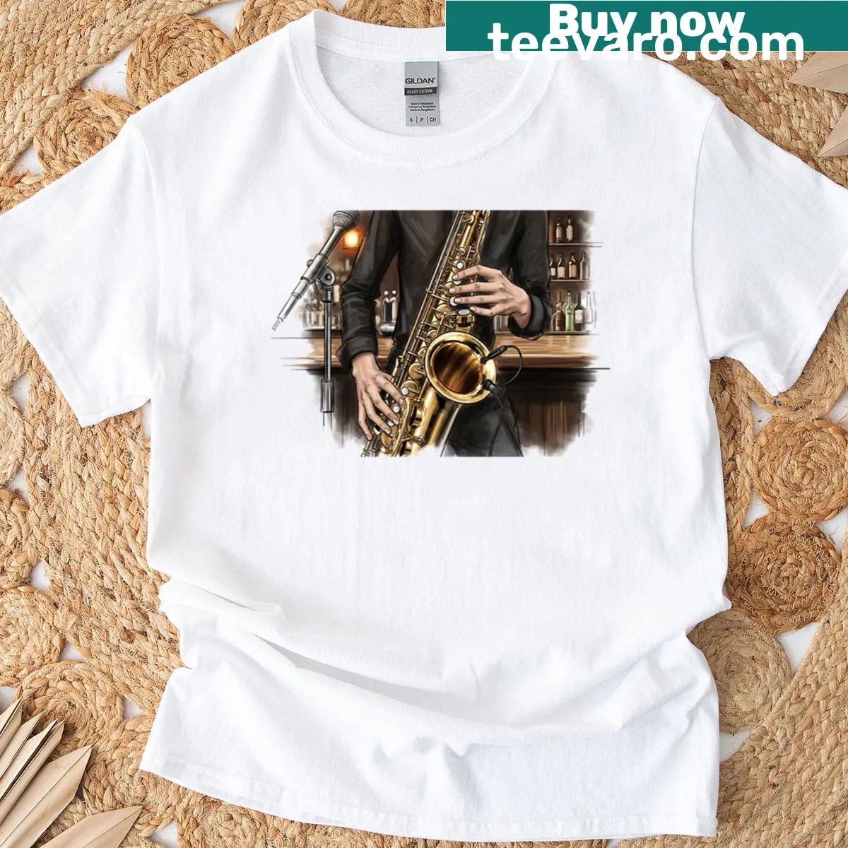 Elegant saxophone illustration on music-themed tee — on a men's t-shirt
