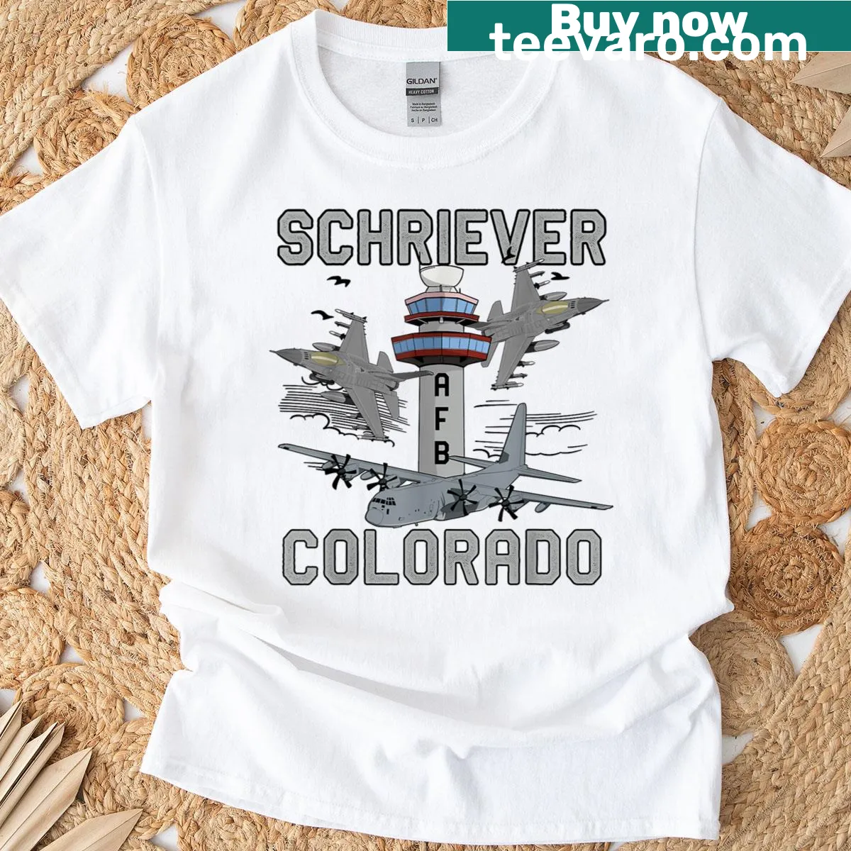 T-shirt featuring the Schriever Air Force Base emblem — on a men's t-shirt