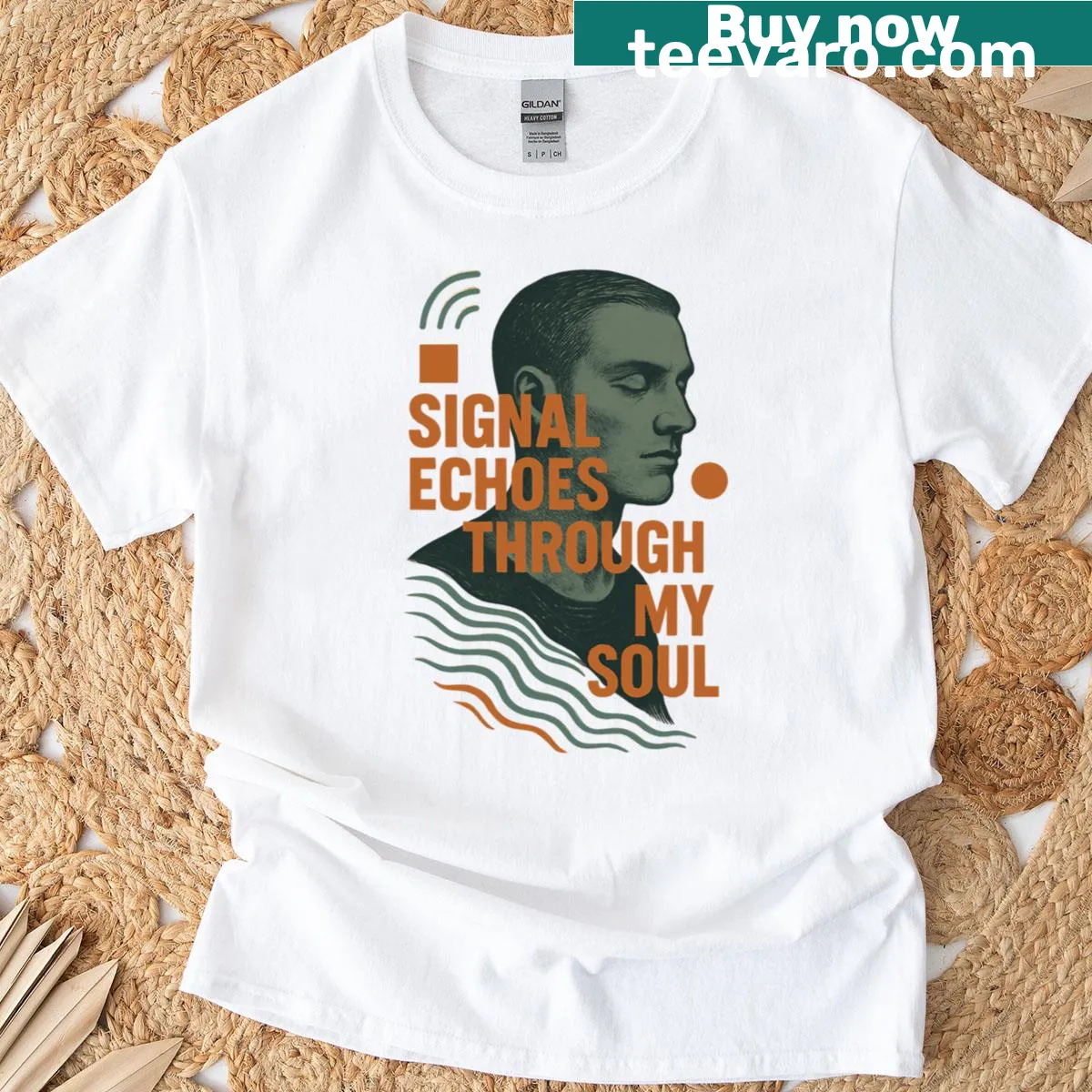 Minimal surreal portrait art T-shirt featuring thoughtful design — on a men's t-shirt