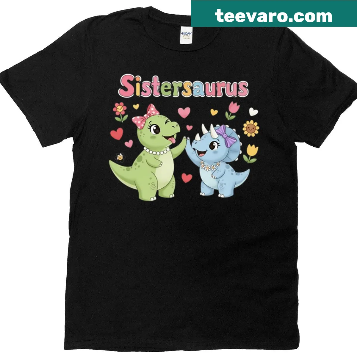 Cute illustration of dinosaur sisters on a graphic t-shirt — on a men's t-shirt