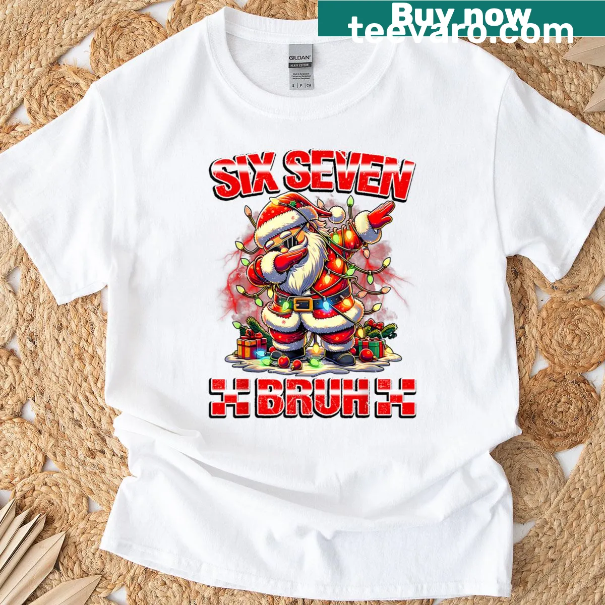 Funny t-shirt featuring meme text 'Six Seven Burh' for Christmas — on a men's t-shirt