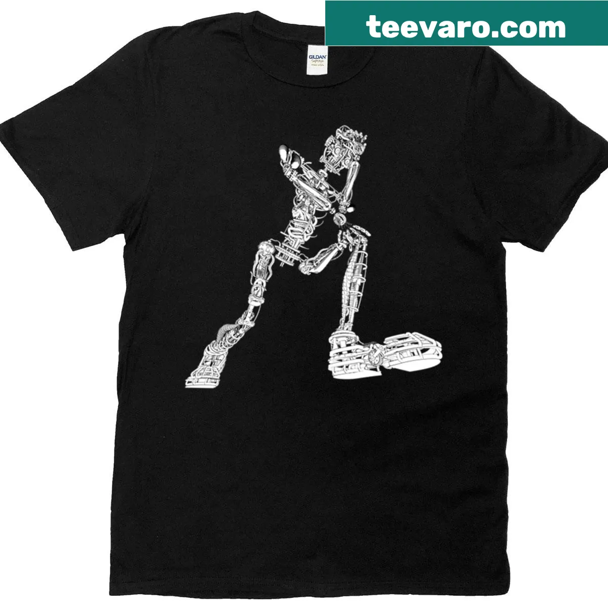 Black and white sketch of a skeletal robot in a cartoon style — on a men's t-shirt