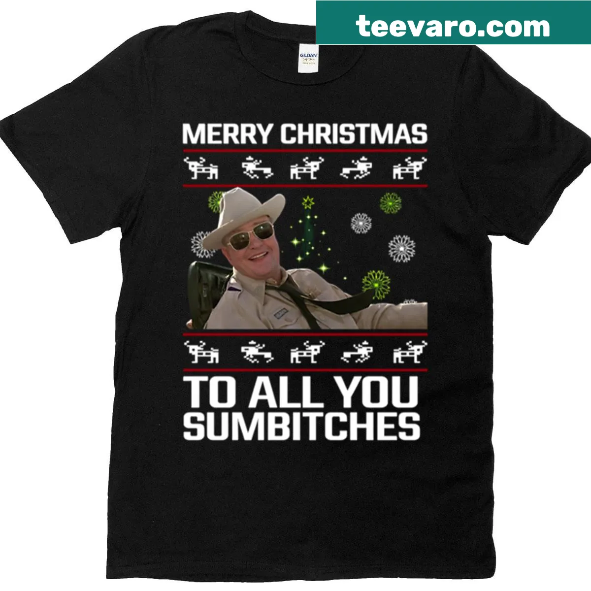 Vintage-style Christmas t-shirt with Sheriff Buford T. Justice graphic — on a men's t-shirt