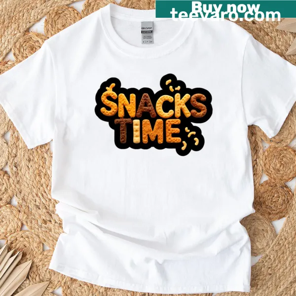 T-shirt featuring the phrase Snacks Time in fun typography celebrating food.