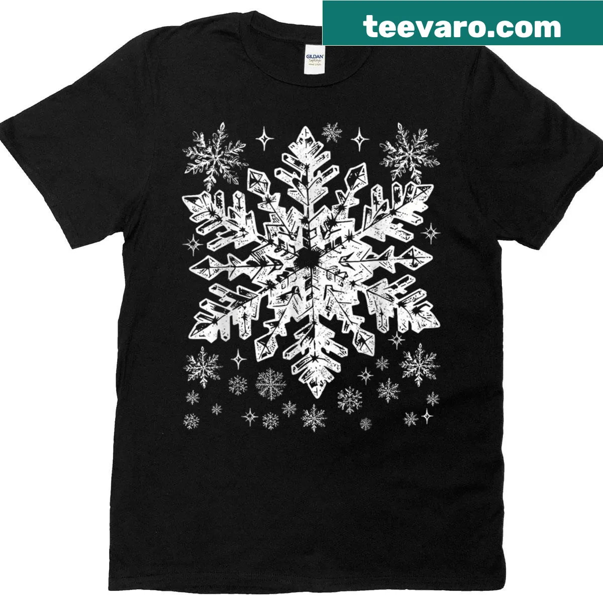Matching family t-shirt with cheerful snowflake design — on a men's t-shirt