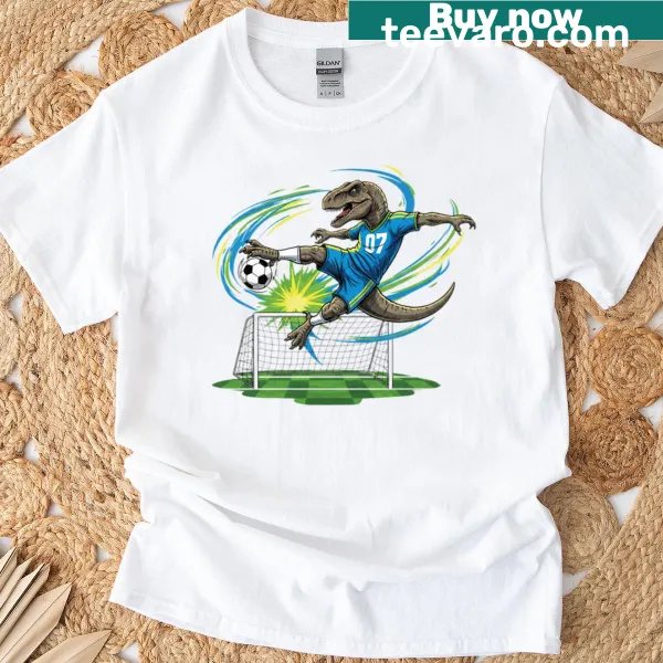 Cartoon dinosaur performing a bicycle kick on a soccer field