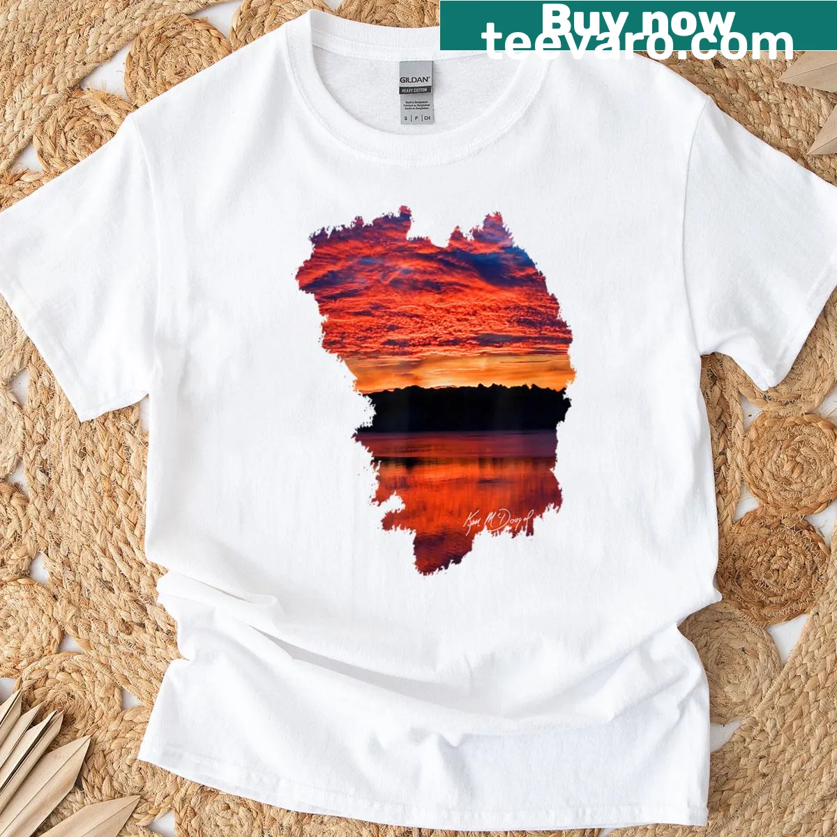 Photographic t-shirt featuring a sunset at South Jetty — on a men's t-shirt