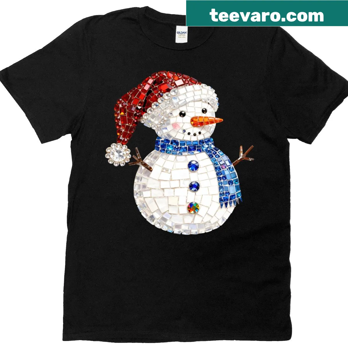 Cartoon snowman design with sparkly rhinestones for Christmas — on a men's t-shirt