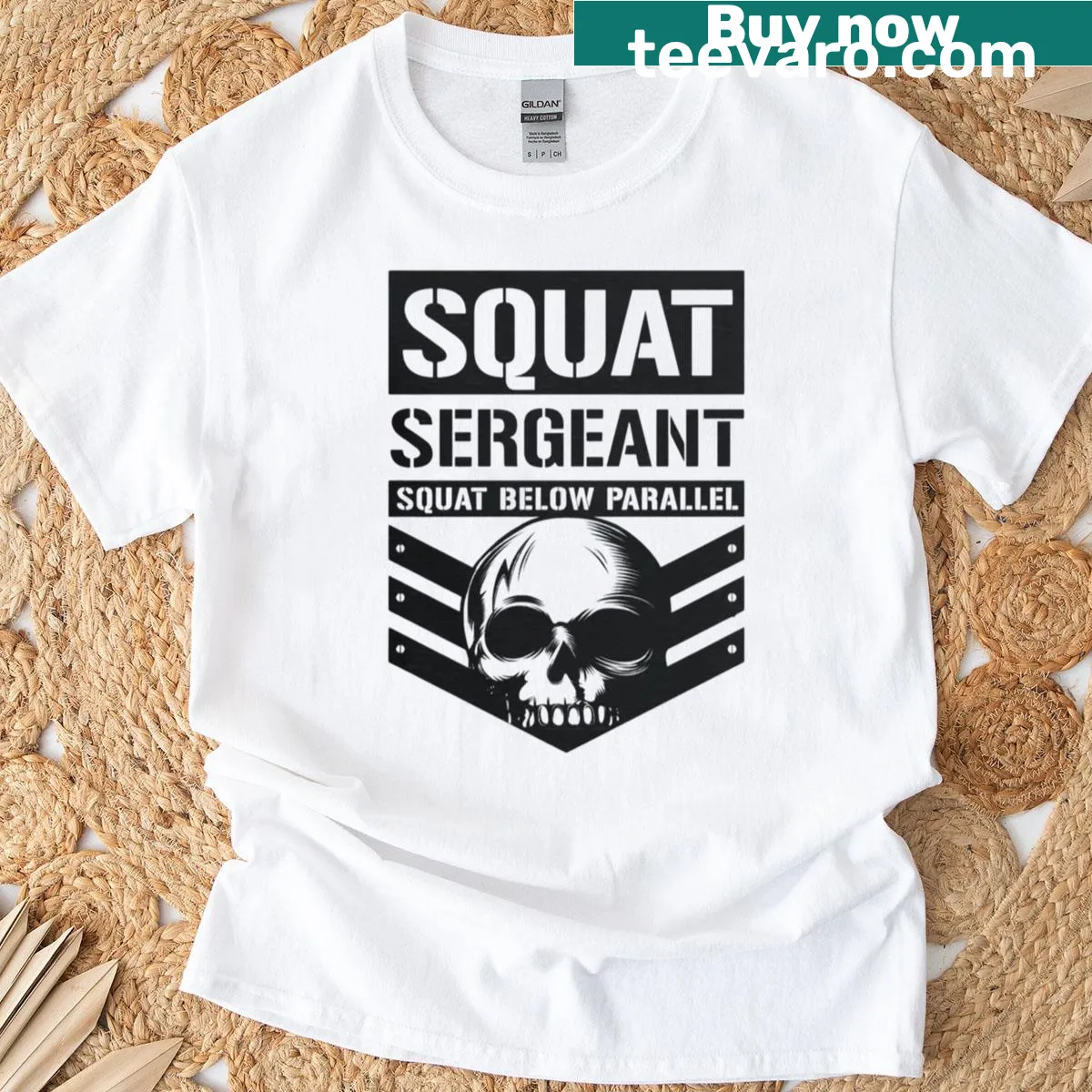 Humorous illustration of a Squat Sergeant giving workout instructions — on a men's t-shirt