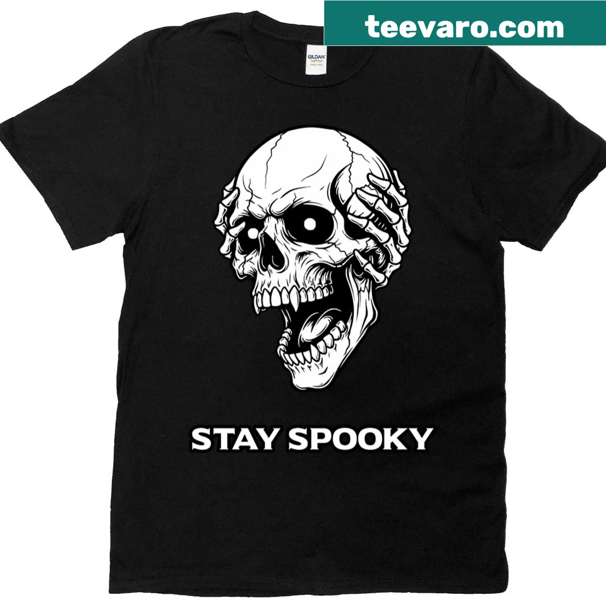 T-shirt with 'Stay Spooky' graphic and skull design — on a men's t-shirt