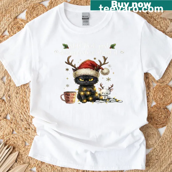 Festive black cat graphic with holiday theme on tee