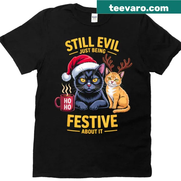 Cat-themed Christmas shirt with festive evil humor