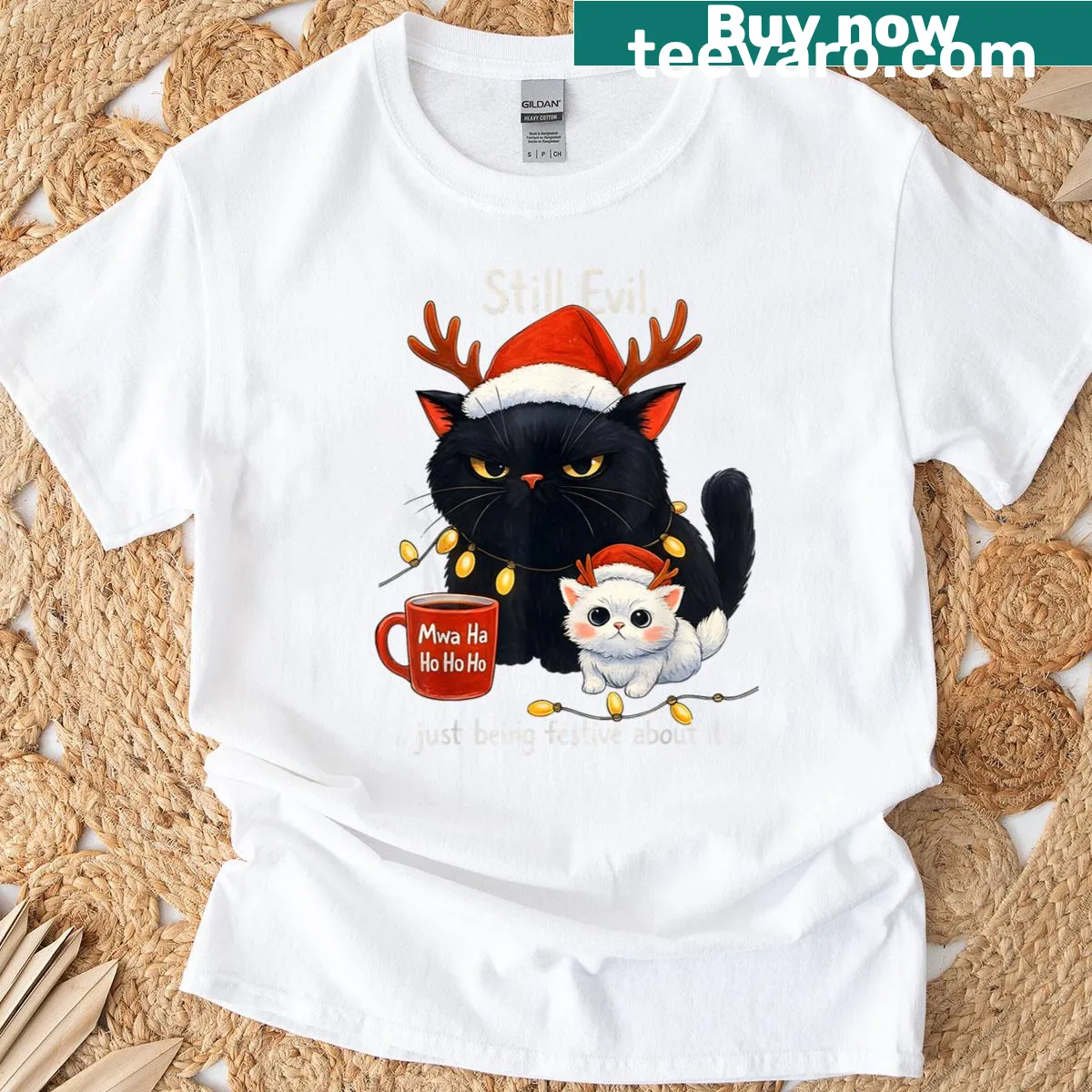 Funny cat Christmas t-shirt with moody cat graphic and festive text. — on a men's t-shirt