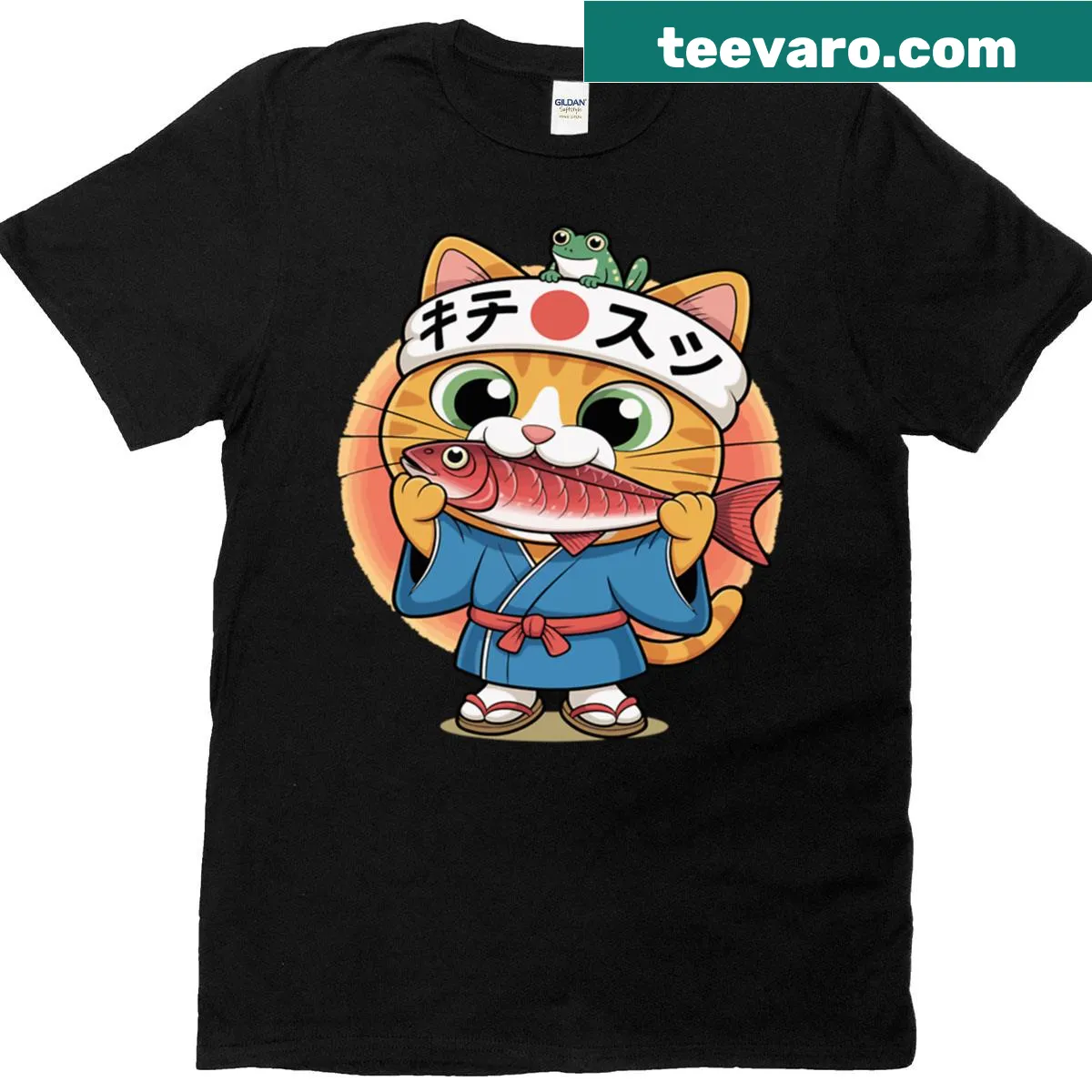 Playful sushi cat graphic with fish and frog on a t-shirt — on a men's t-shirt