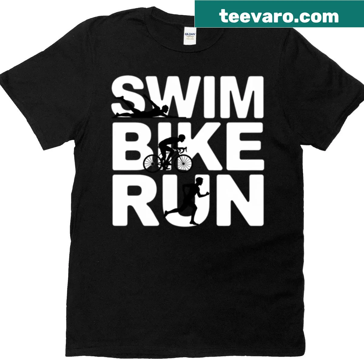Triathlon-themed typography t-shirt with Swim Bike Run slogan — on a men's t-shirt