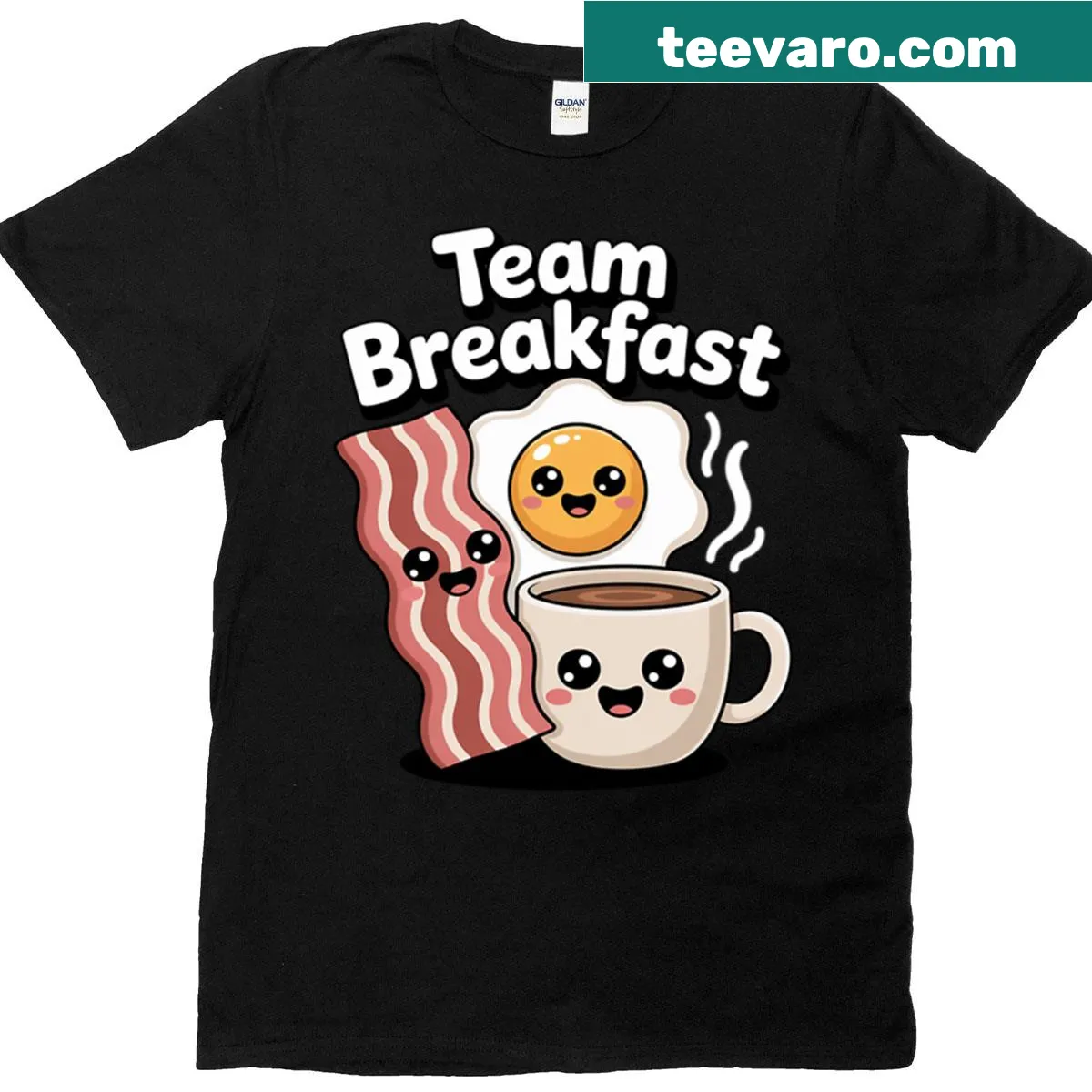 T-shirt with 'Team Breakfast' phrase featuring coffee, eggs, and bacon graphics. — on a men's t-shirt