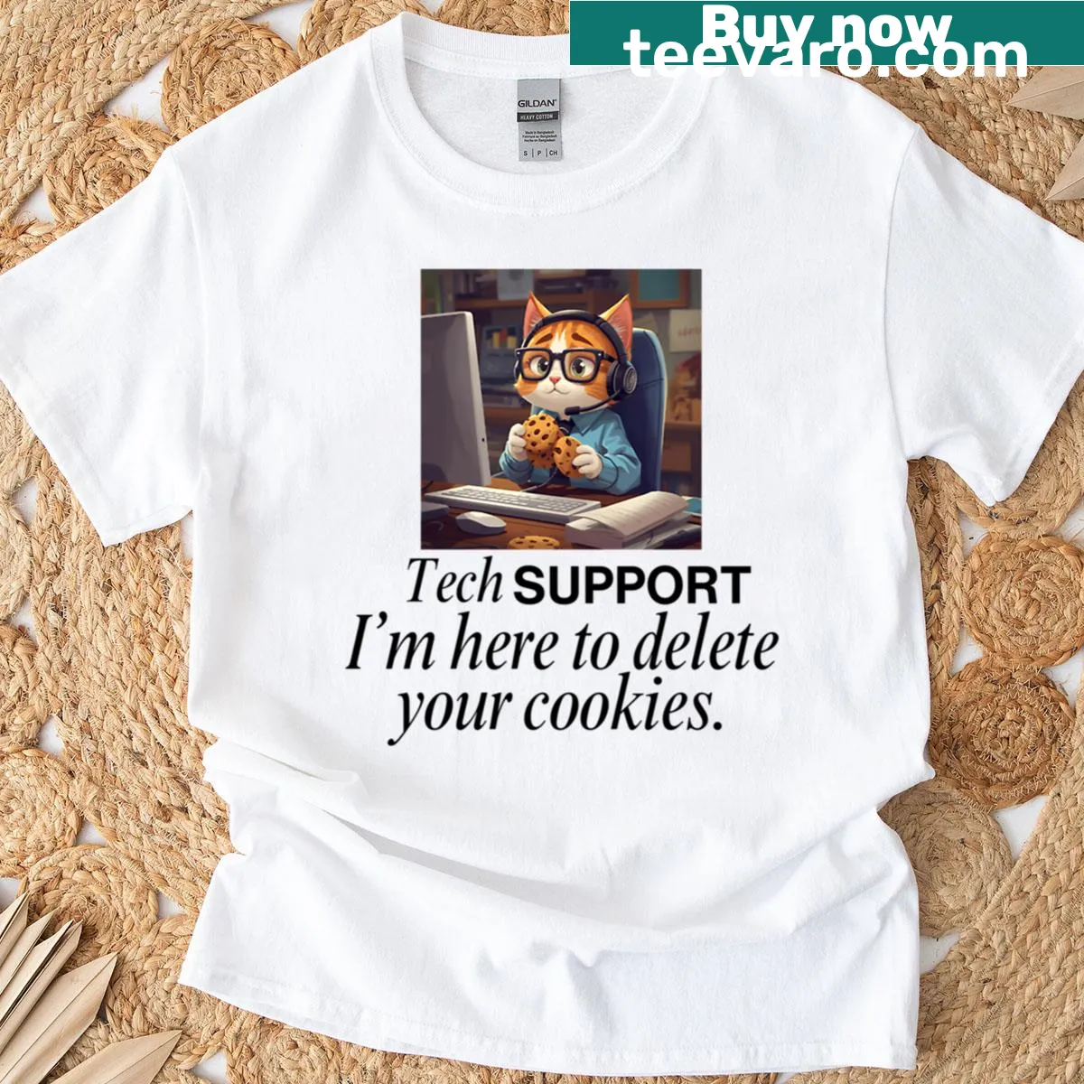 Cartoon cat eating cookies, representing tech support humor for gamers. — on a men's t-shirt
