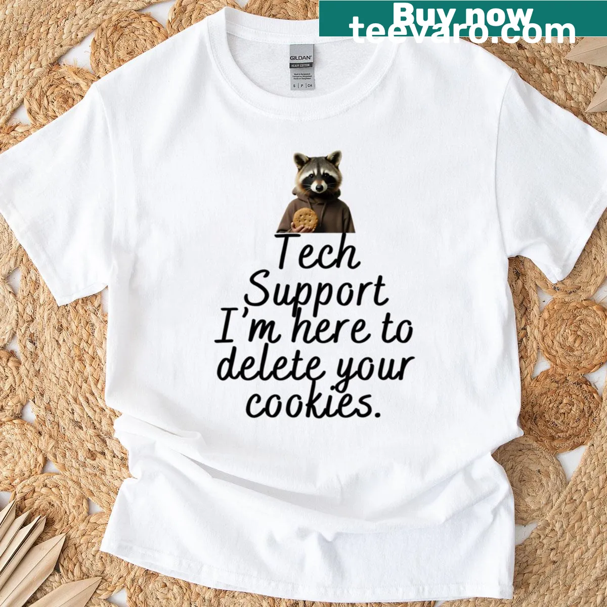 Funny tech support raccoon t-shirt with humorous graphic — on a men's t-shirt