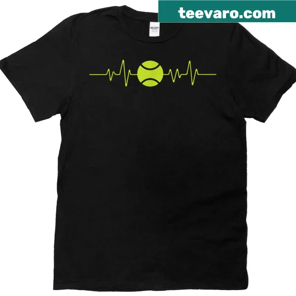 Tennis-themed t-shirt with a heartbeat line, racket, and ball illustration
