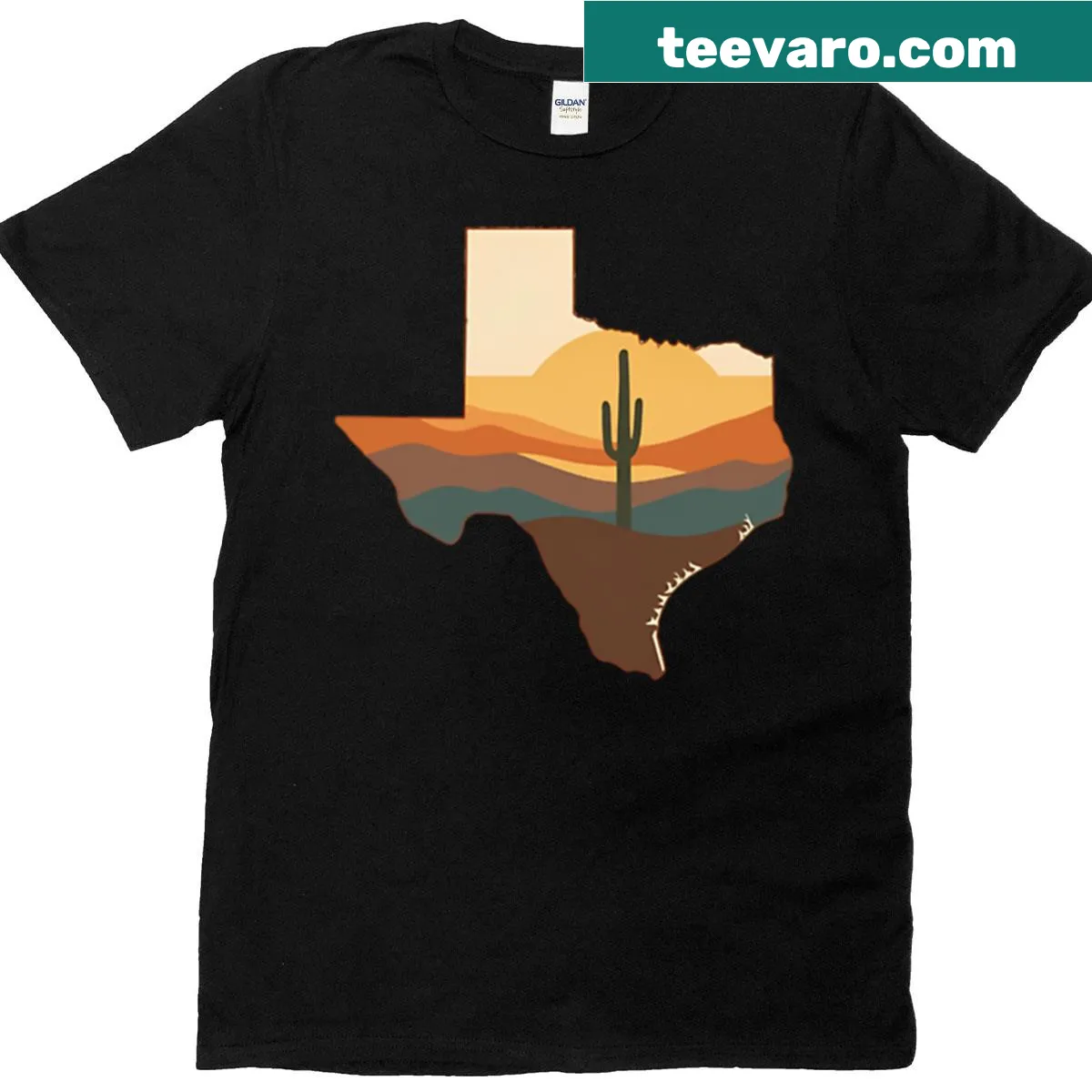 Retro silhouette of a Texas desert sunset landscape — on a men's t-shirt