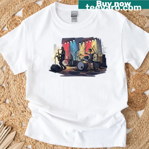 Illustration of a band performing on stage on a t-shirt