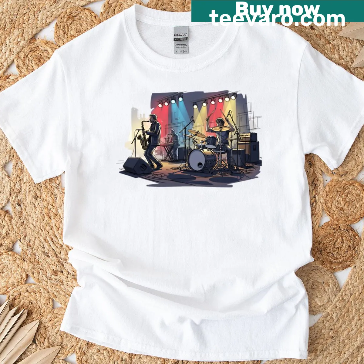 Illustration of a band performing on stage on a t-shirt — on a men's t-shirt