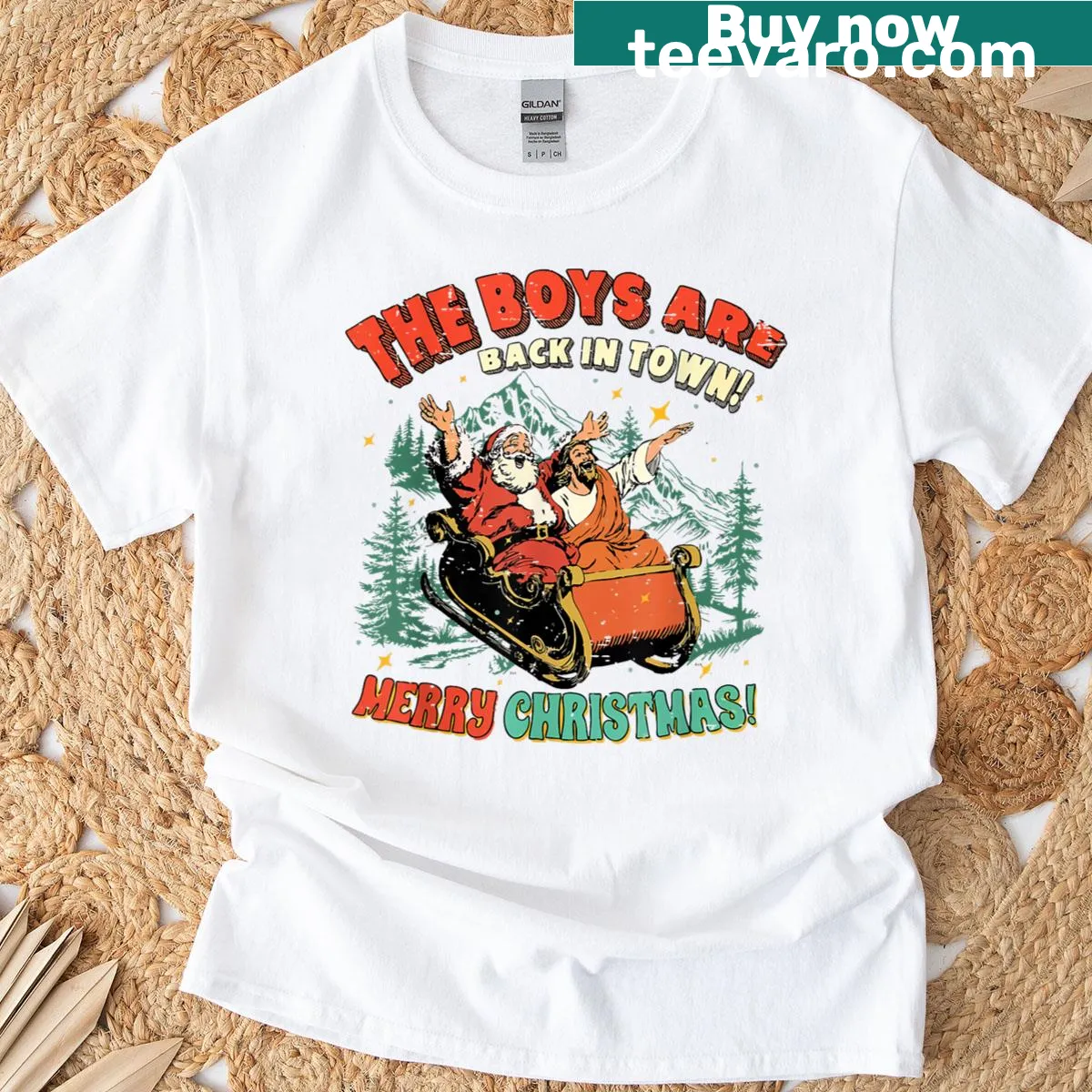 Christmas T-shirt featuring Santa and Christian themes — on a men's t-shirt