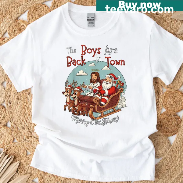 Holiday-themed t-shirt with 'The Boys Are Back In Town' text