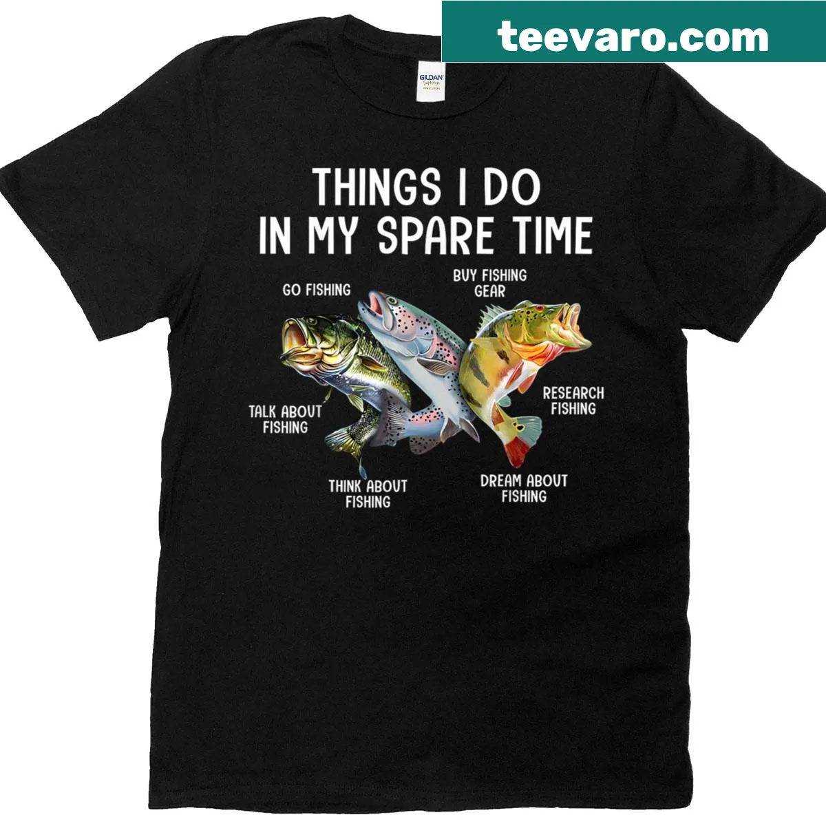 Funny fishing enthusiast t-shirt listing spare time activities — on a men's t-shirt