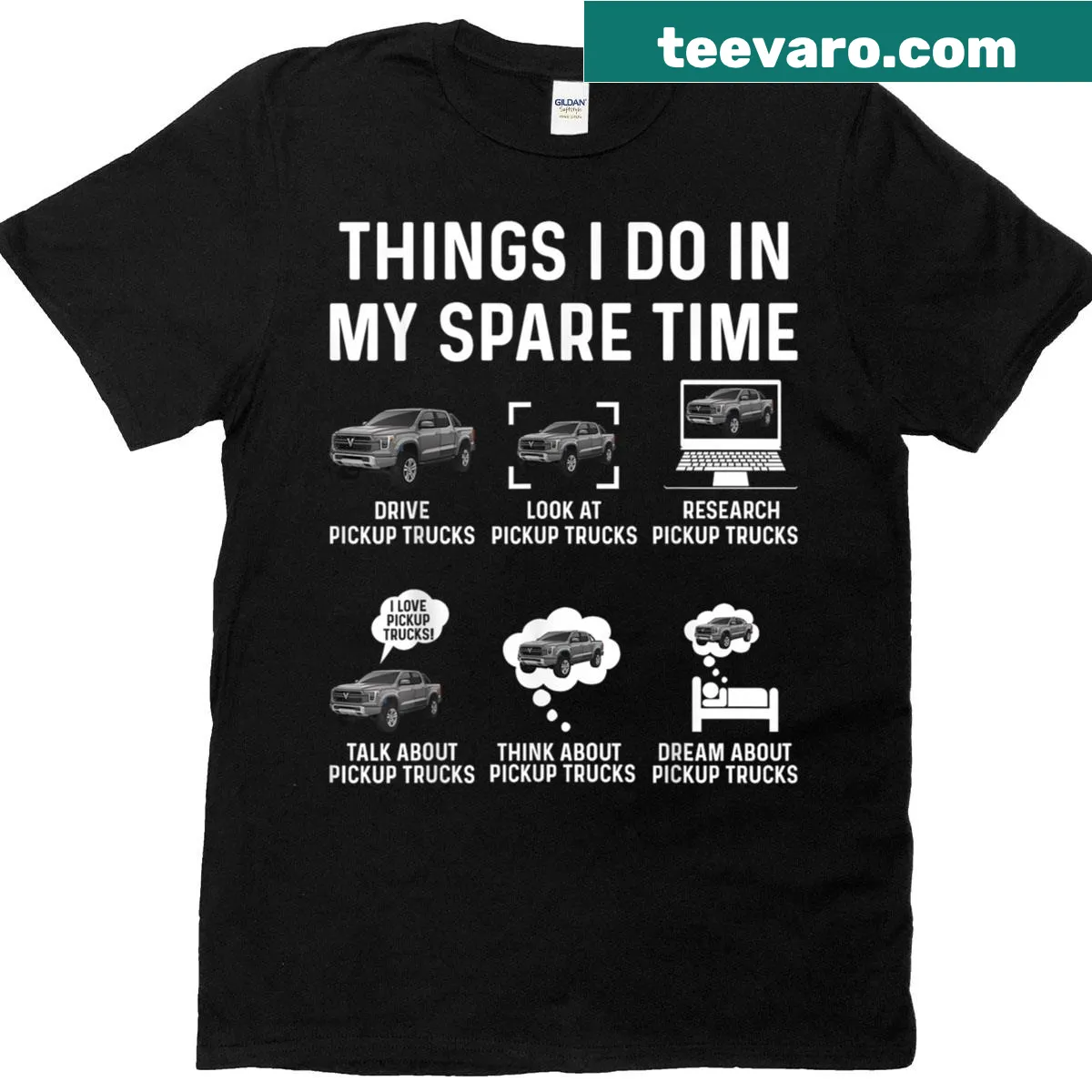 Funny t-shirt with pickup trucks and humorous text — on a men's t-shirt