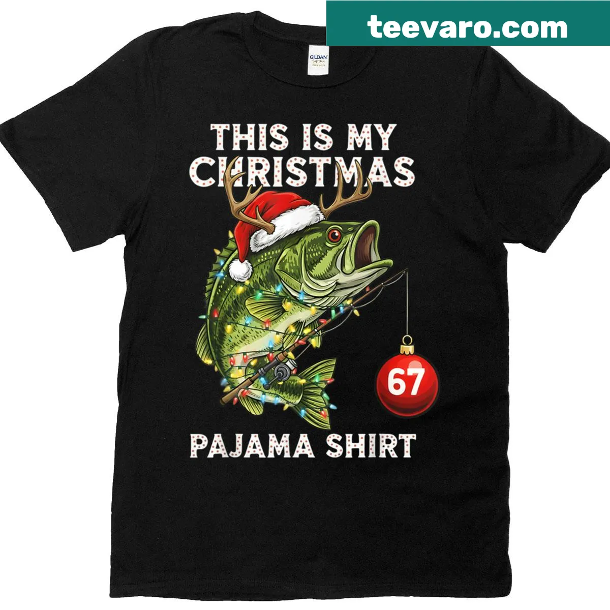 Toddler Christmas t-shirt with a bass fish in a Santa hat — on a men's t-shirt