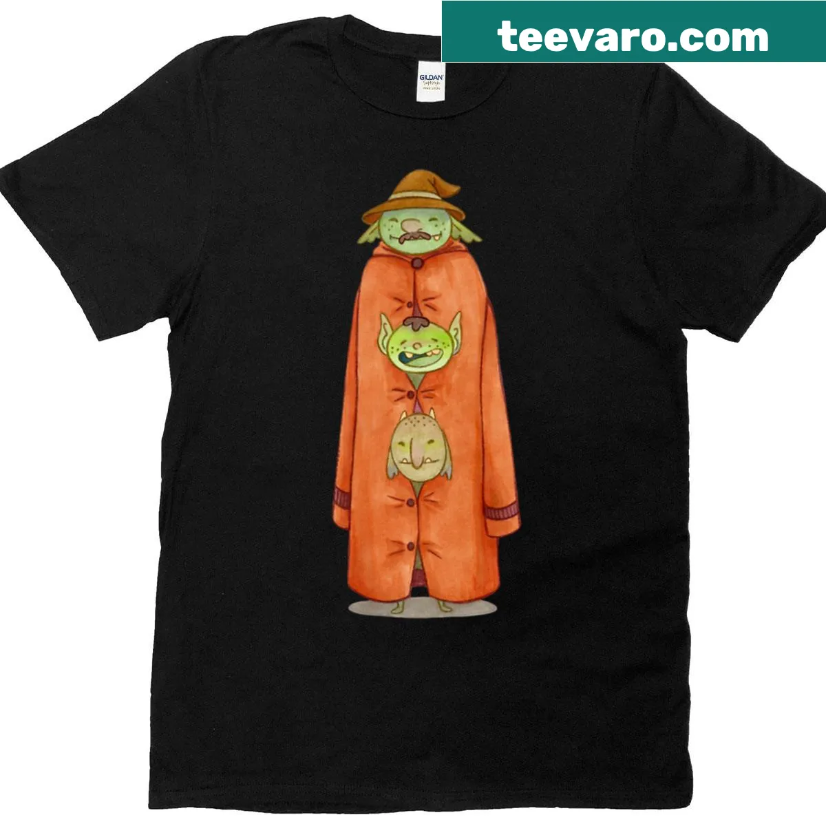 Illustration of three goblins in a trench coat on a casual T-shirt — on a men's t-shirt