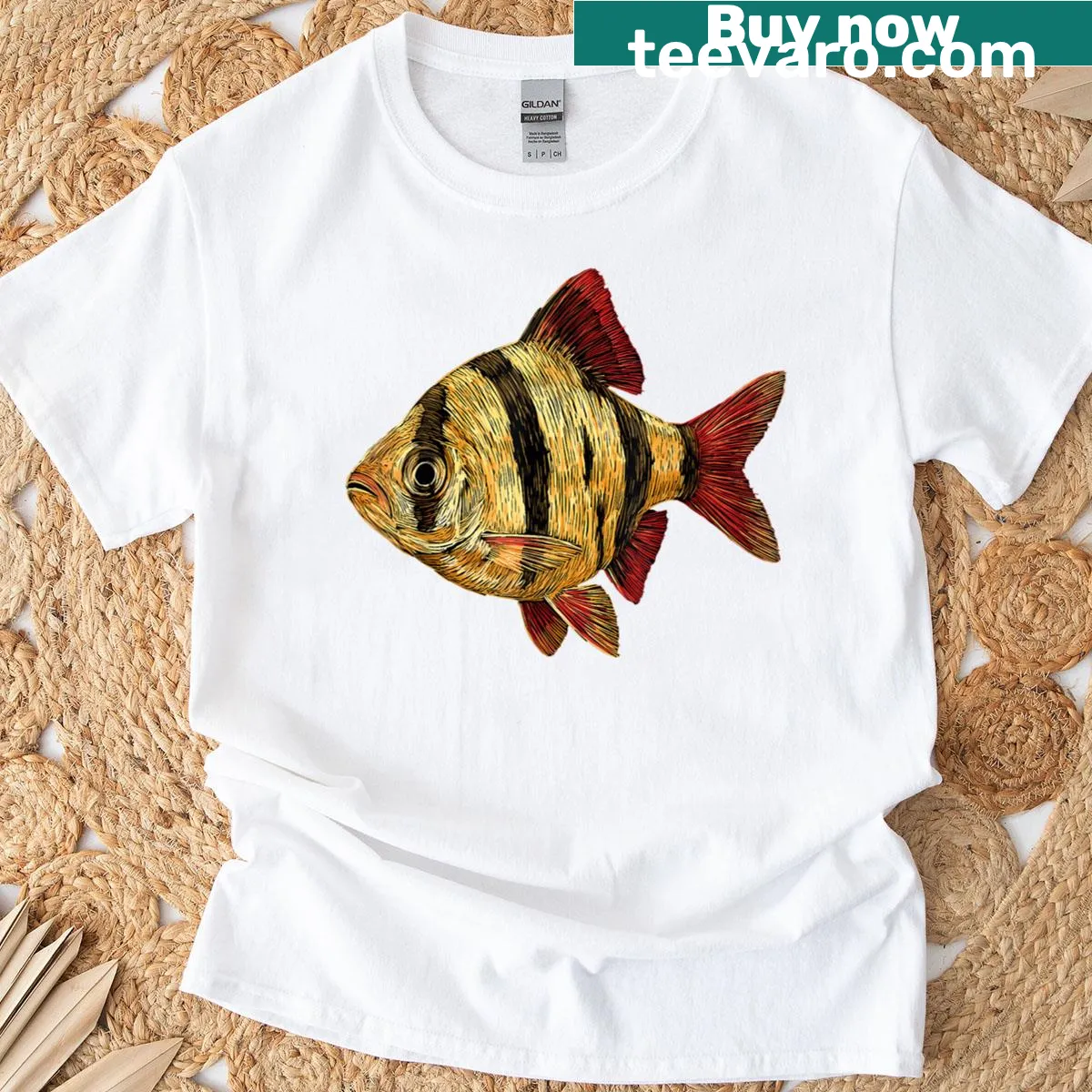 Illustrated Tiger Barb fish on a freshwater aquarium T-shirt — on a men's t-shirt