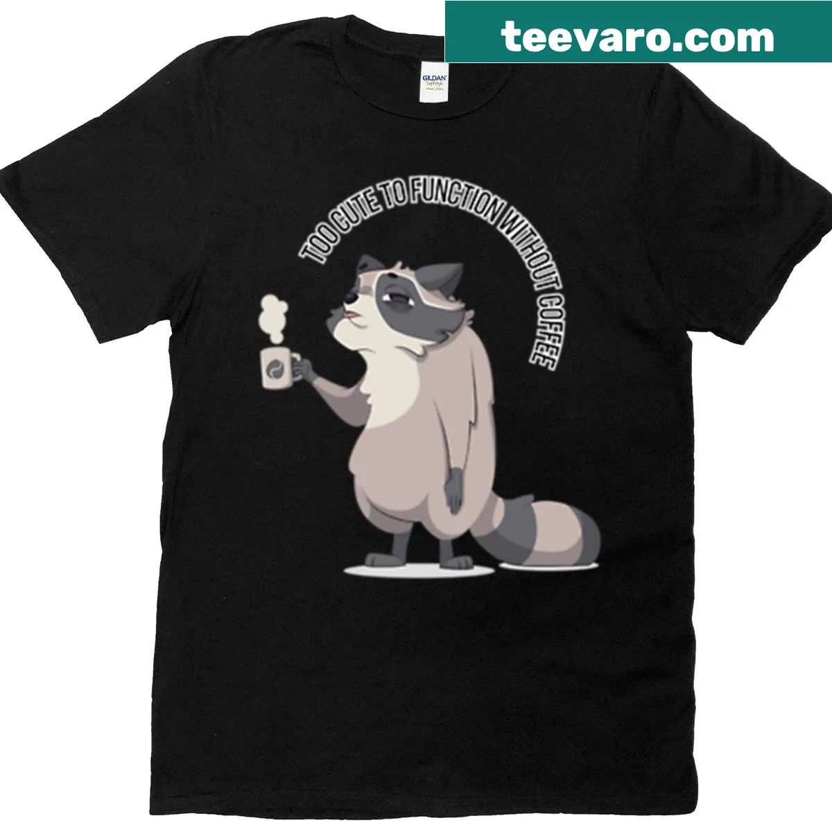 Funny raccoon t-shirt with the phrase Too Cute To Function Without Coffee — on a men's t-shirt