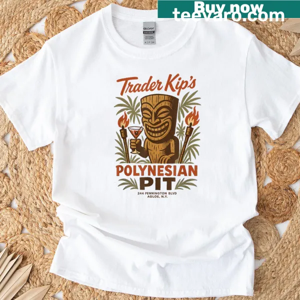 Tiki culture inspired T-shirt featuring Trader Kip's Polynesian Pit design.