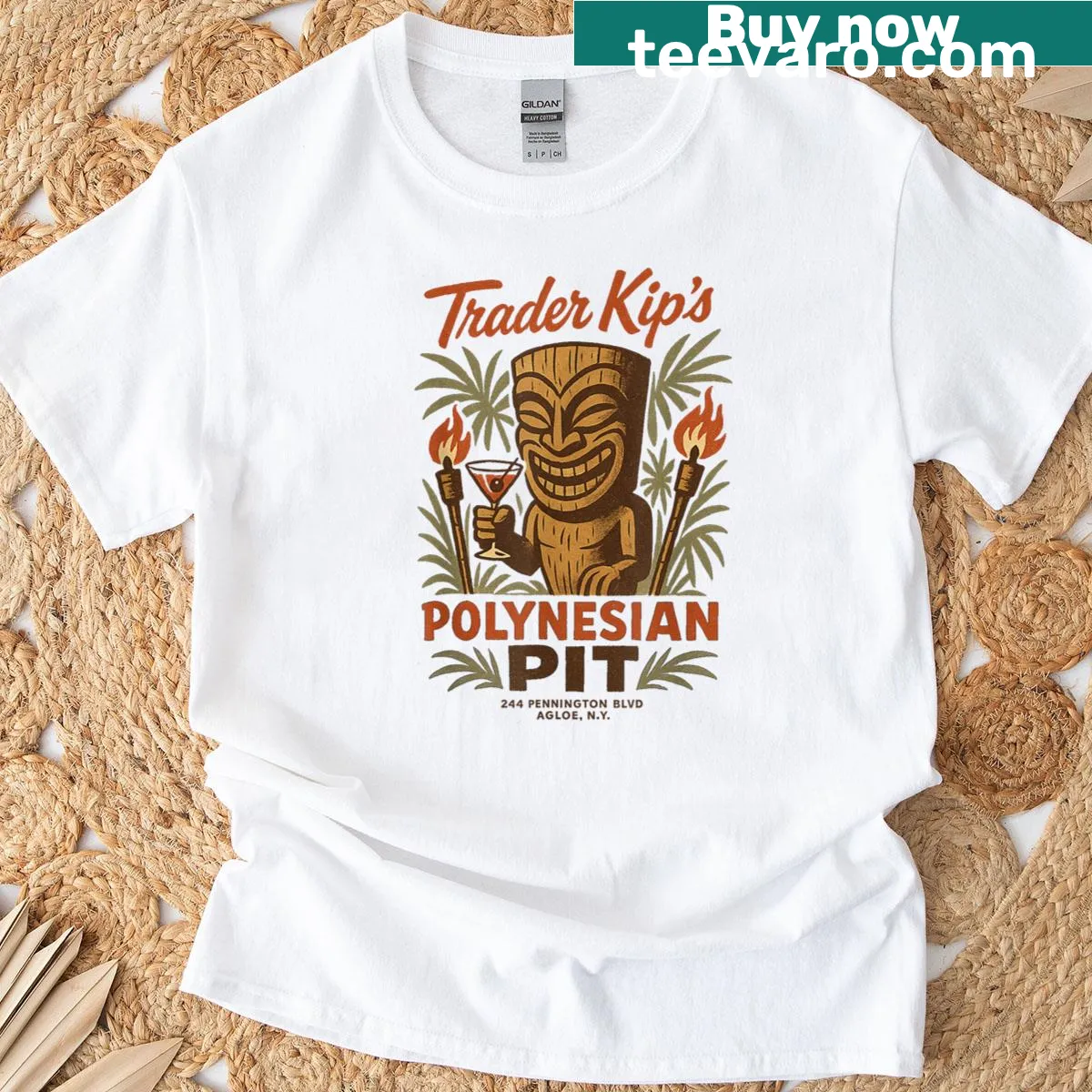 Tiki culture inspired T-shirt featuring Trader Kip's Polynesian Pit design. — on a men's t-shirt