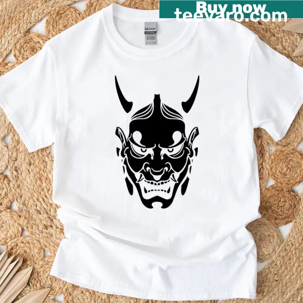 Black and white Oni demon mask T-shirt with detailed horn design