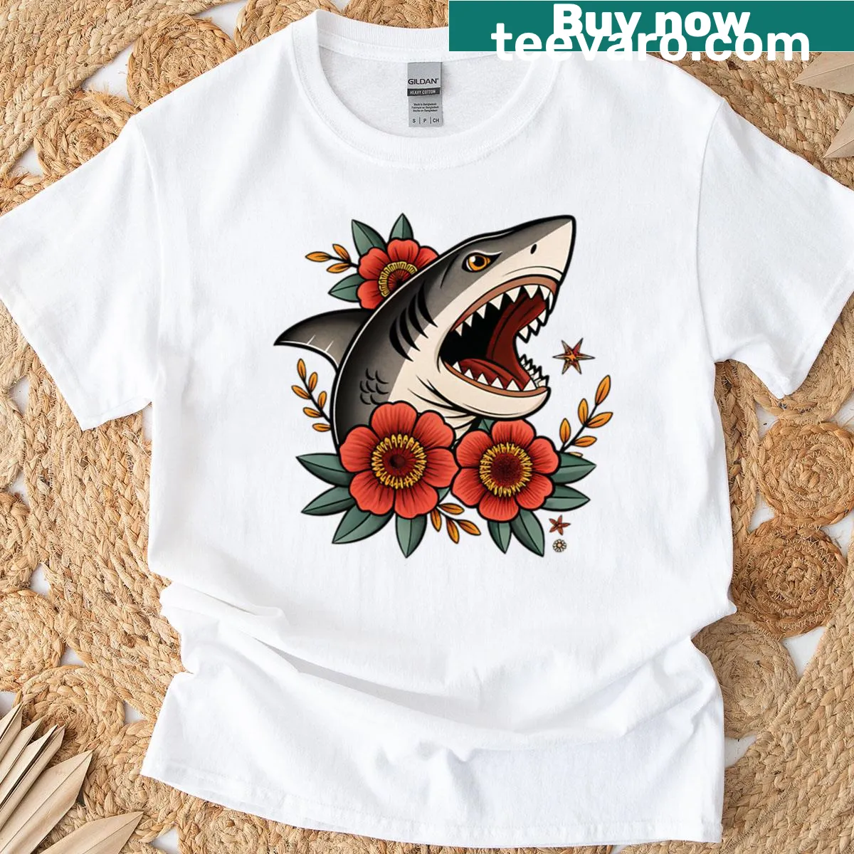 Traditional shark tattoo with red flowers and leaves on t-shirt — on a men's t-shirt
