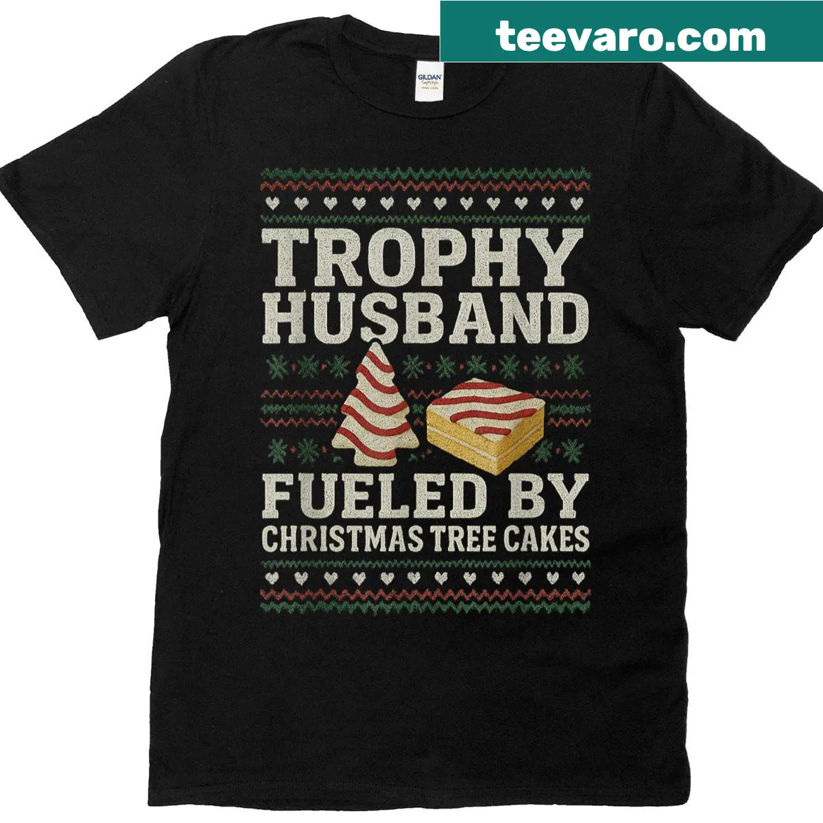 Funny Trophy Husband tee with Christmas Tree Cakes text — on a men's t-shirt