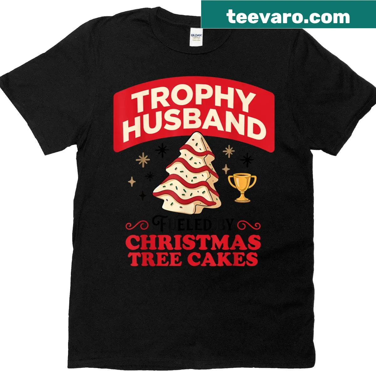 Funny Trophy Retro Husband t-shirt with Christmas Tree Cakes text — on a men's t-shirt